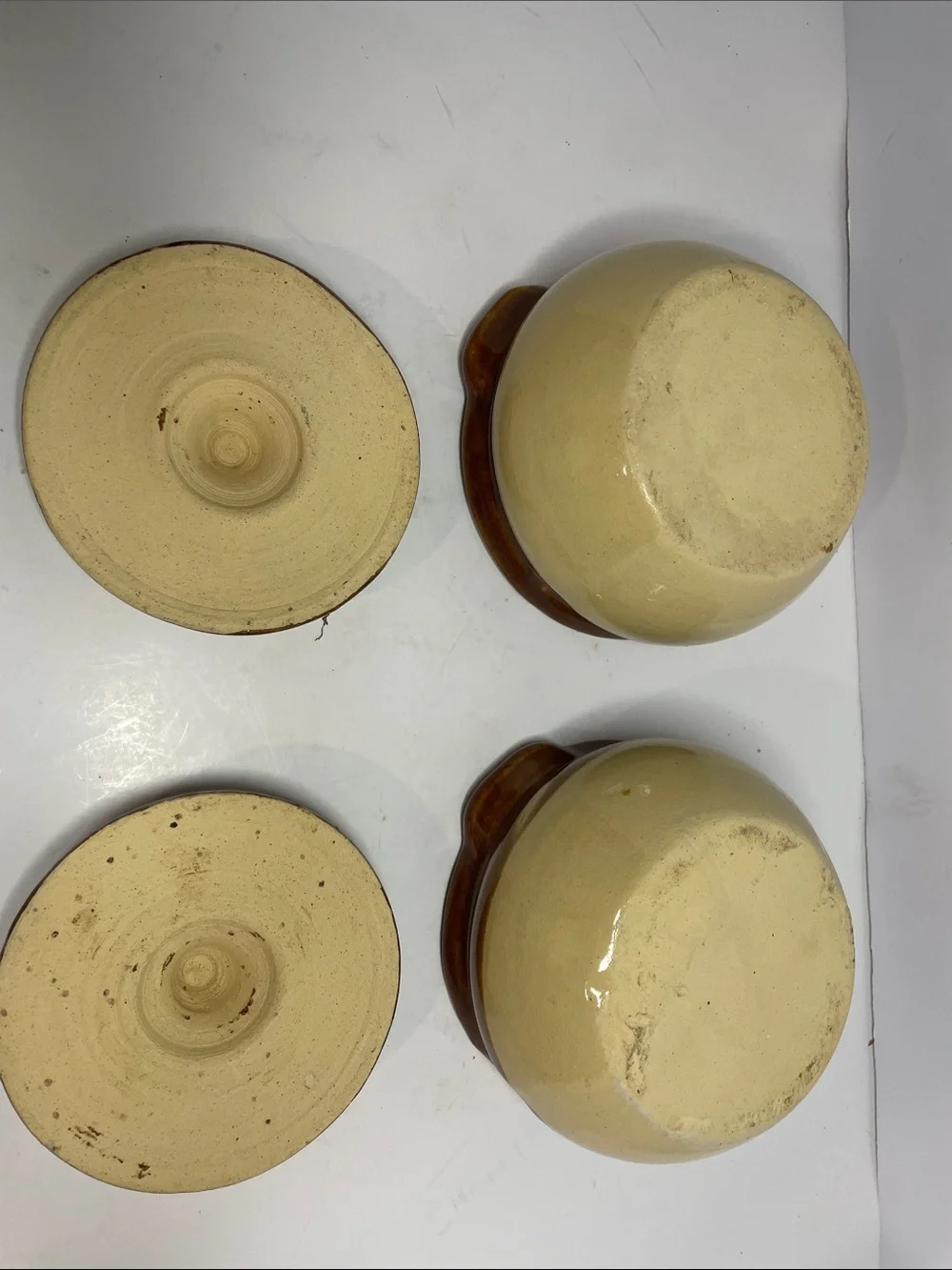 Stoneware Covered Casserole Bowls “bean pots” in Brown and Cream - Set of 2